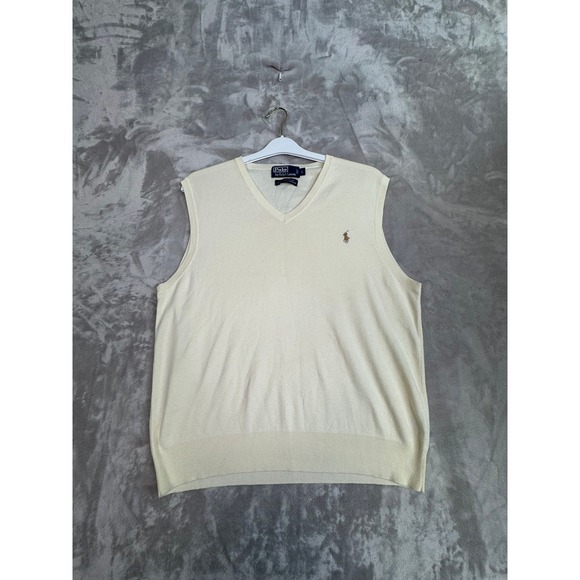 Polo Ralph Lauren Mens V Neck Sweater Vest‎ Cream L Pima Cotton